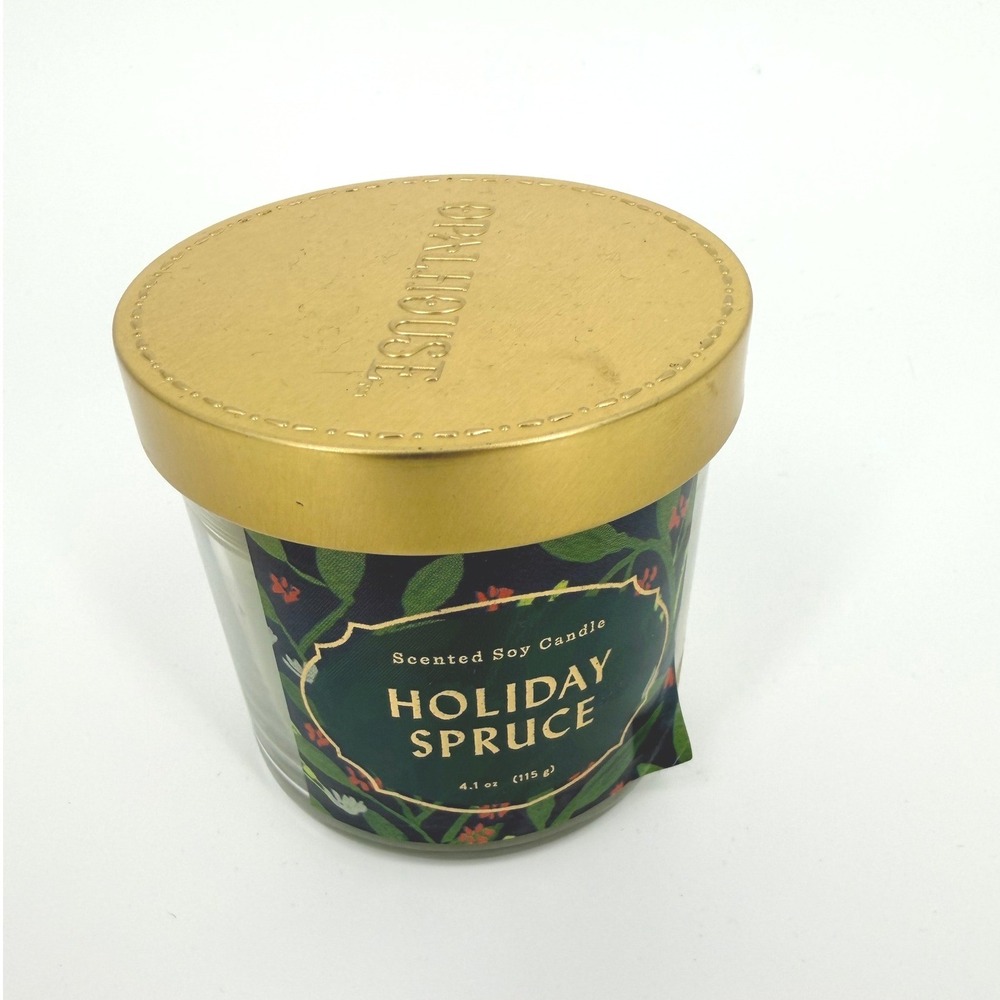 Opalhouse Holiday Spruce Scented Soy Candle 4.1 oz Green Wax Gold Lid 0244B